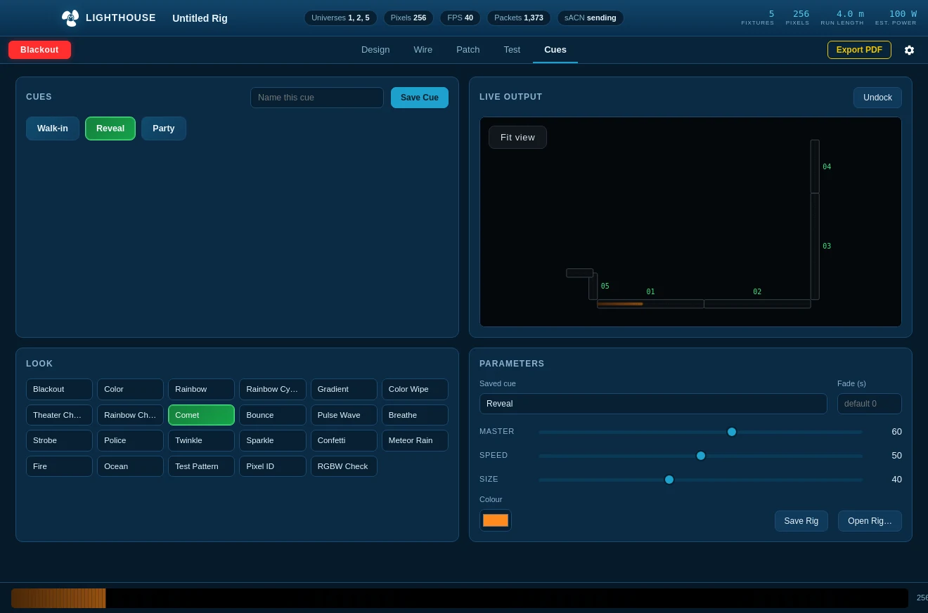 The Cues page: saved cue buttons, the live output monitor, the look grid and the parameter sliders