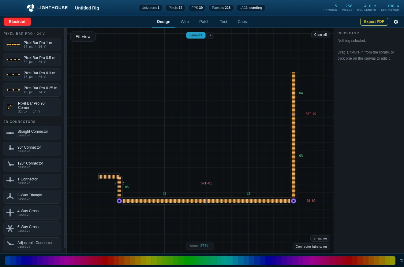 The Design page: an L-shaped run of pixel bars drawn on the canvas with the fixture library on the left