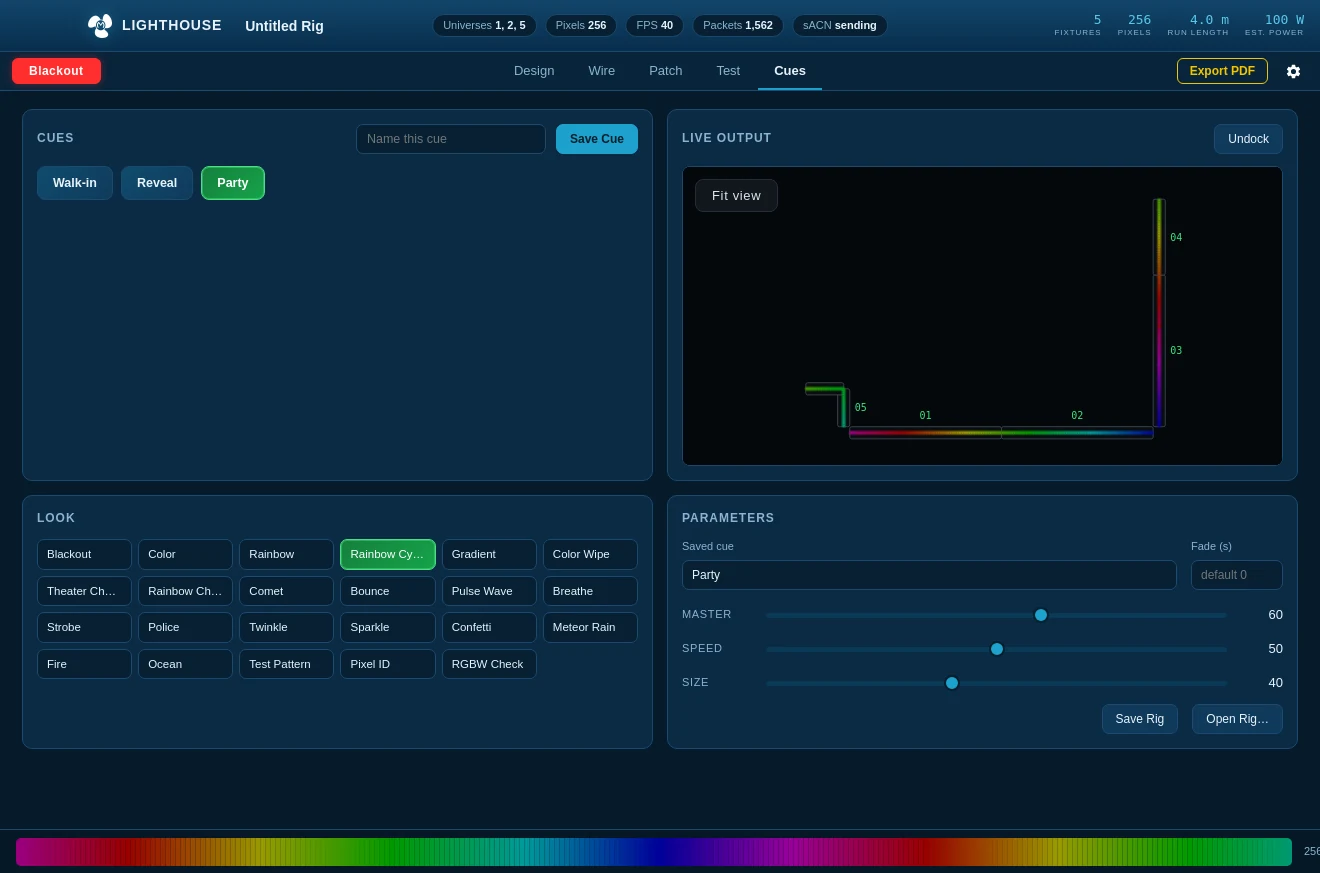 Maritime Lighthouse running a rainbow cycle across a pixel bar rig, with the live output monitor and the saved cue lit green