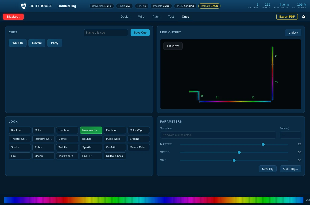 The Cues page while a console holds Lighthouse over sACN, showing the Remote pill in the title bar
