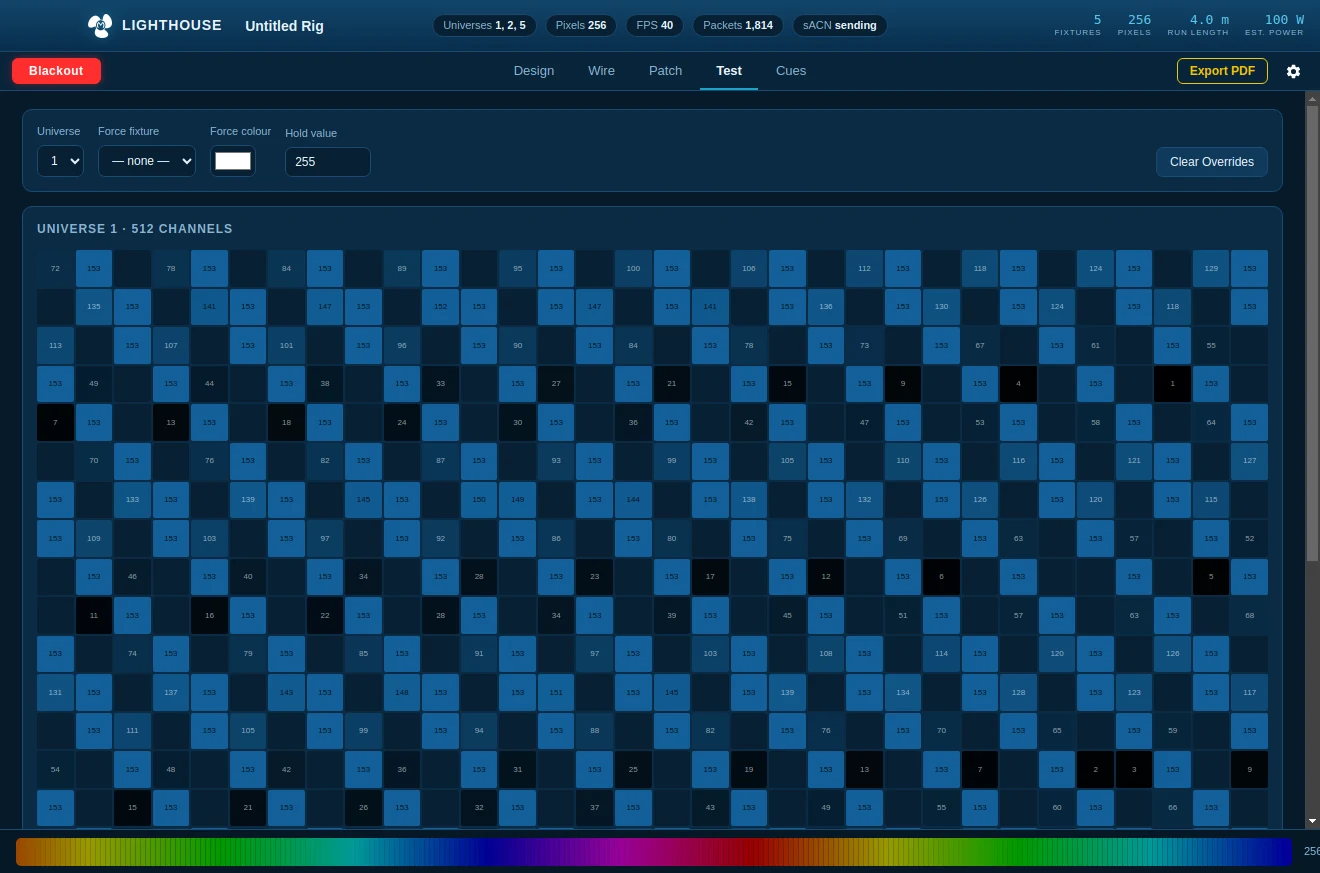 The Test page: a 512-channel grid with live values and the fixture map