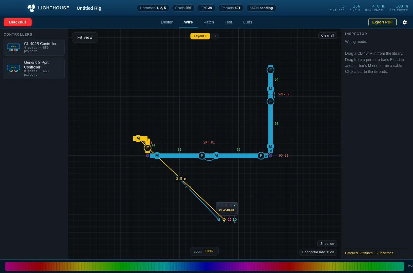 The Wire page: cables running from a CL-404R controller through each bar, colour-coded by port