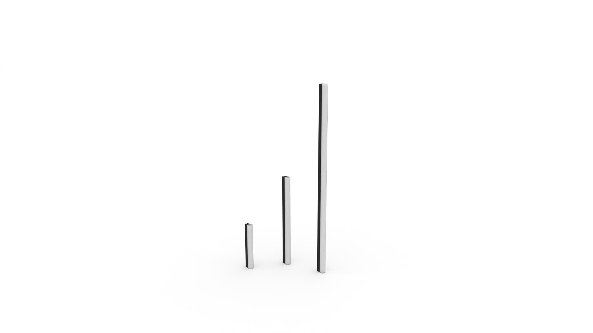 Three vertical metal rods of varying heights standing on a white surface.