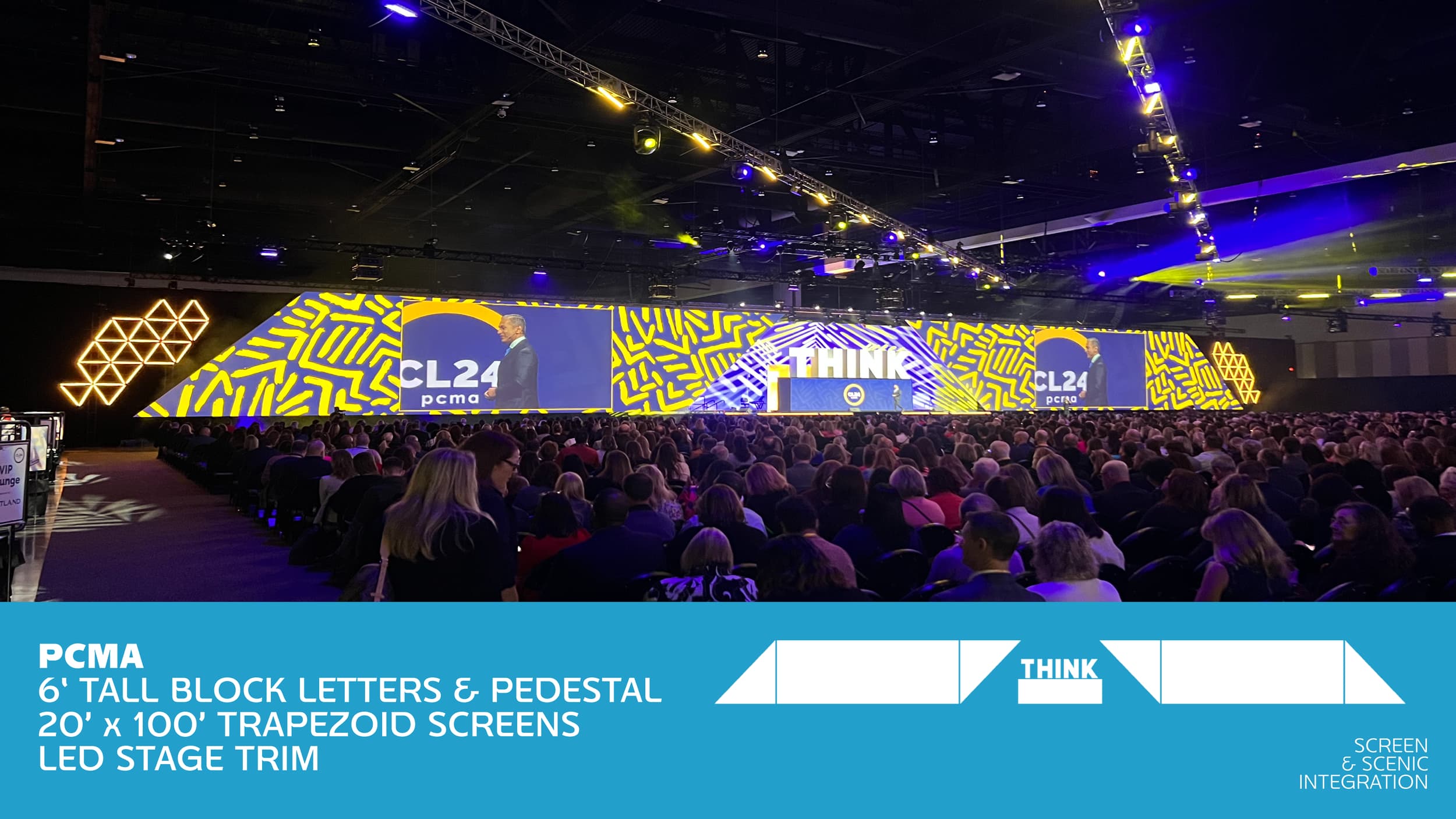 An indoor conference with a large audience facing a stage with an LED screen and decorative lighting. The stage features large digital screens displaying the text 'CL24 PCMA,' and the background has geometric yellow and black designs. The audience is