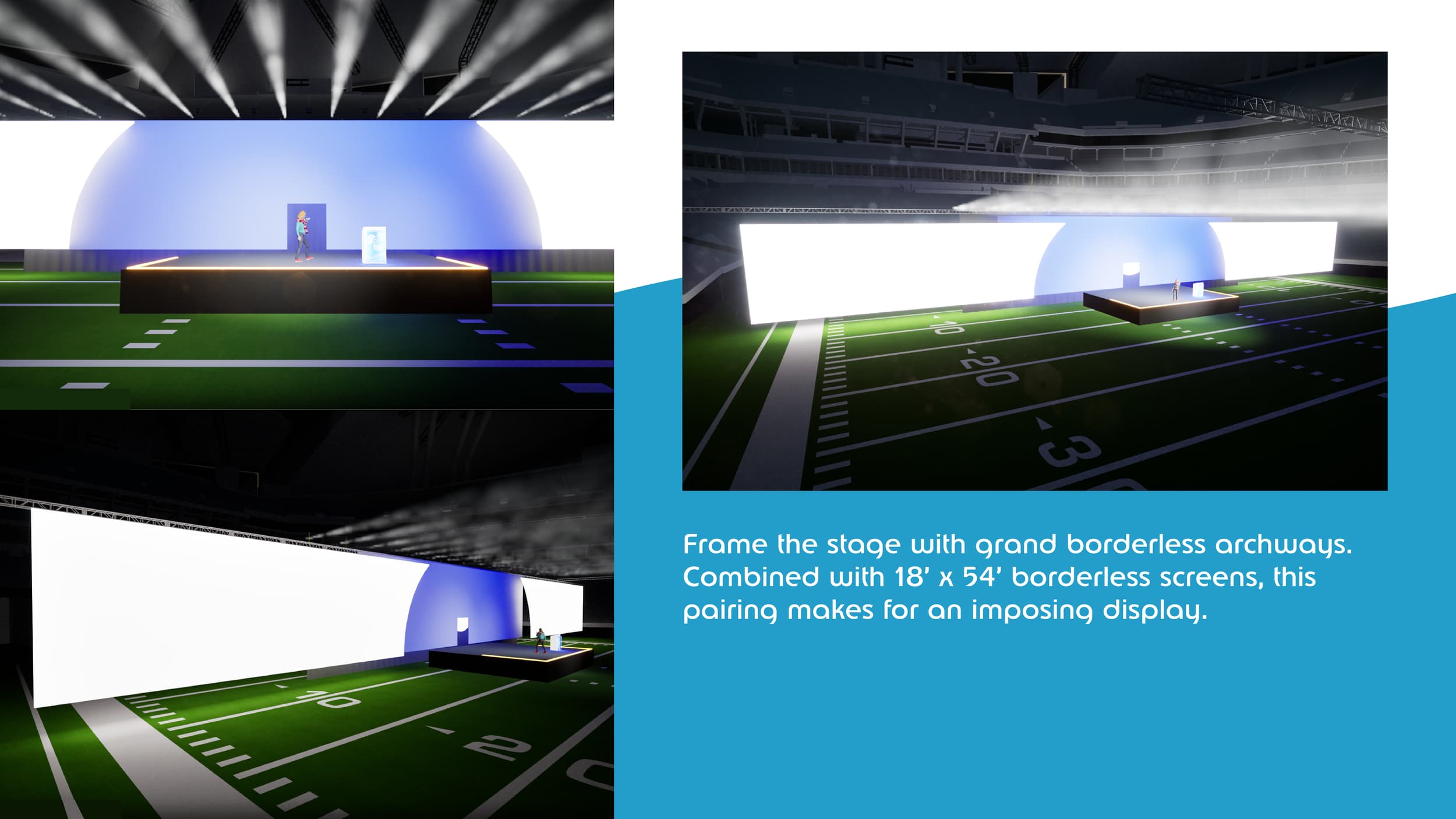 Render of large borderless screens measuring 18 by 54 feet behind the stage. Custom borderless projection screen render.