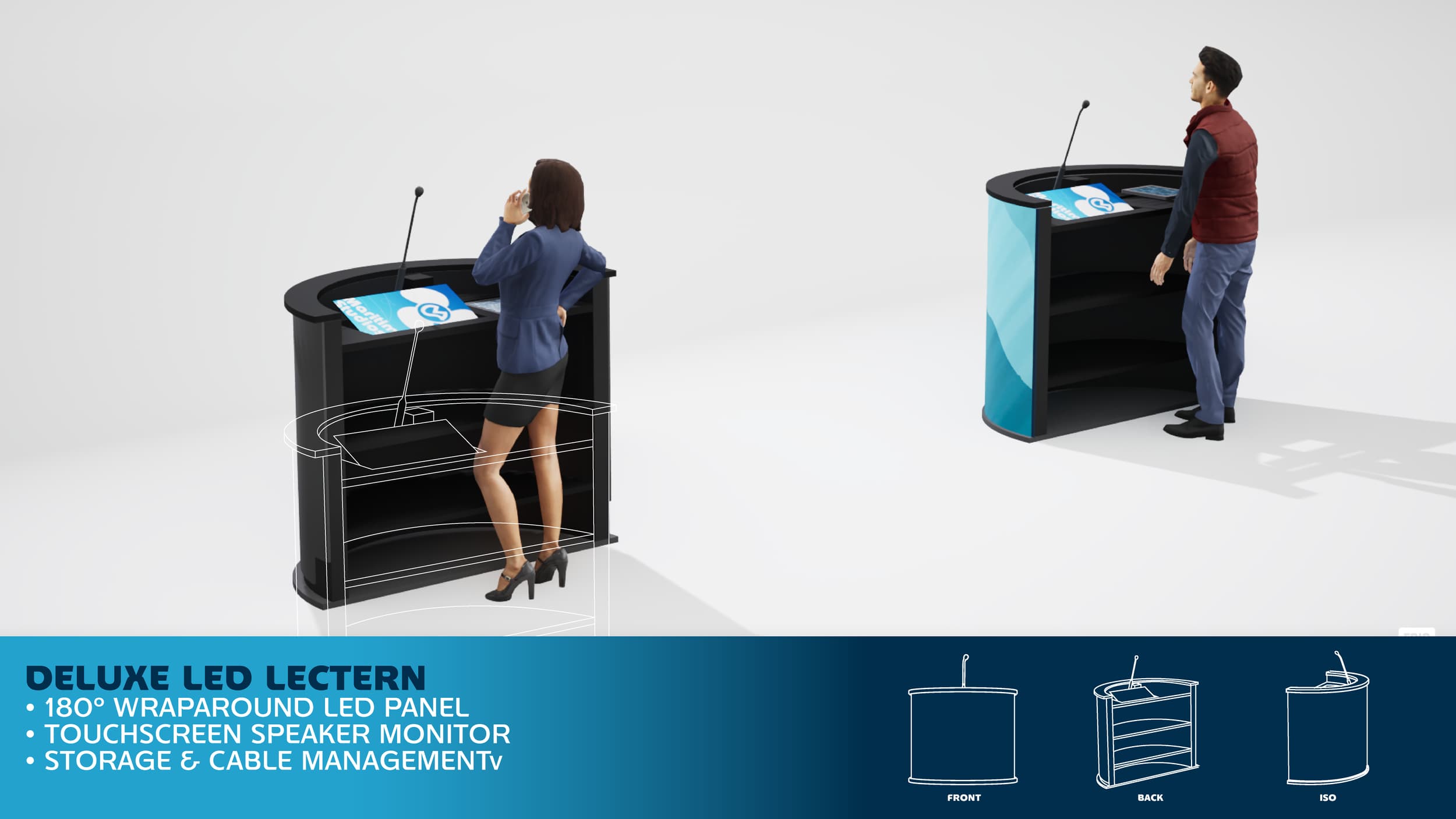 Two people are standing at podiums with microphone and LED panels, one man on the right and one woman on the left, in a white studio setting. The image is an illustration showing the design and features of a deluxe LED lectern.