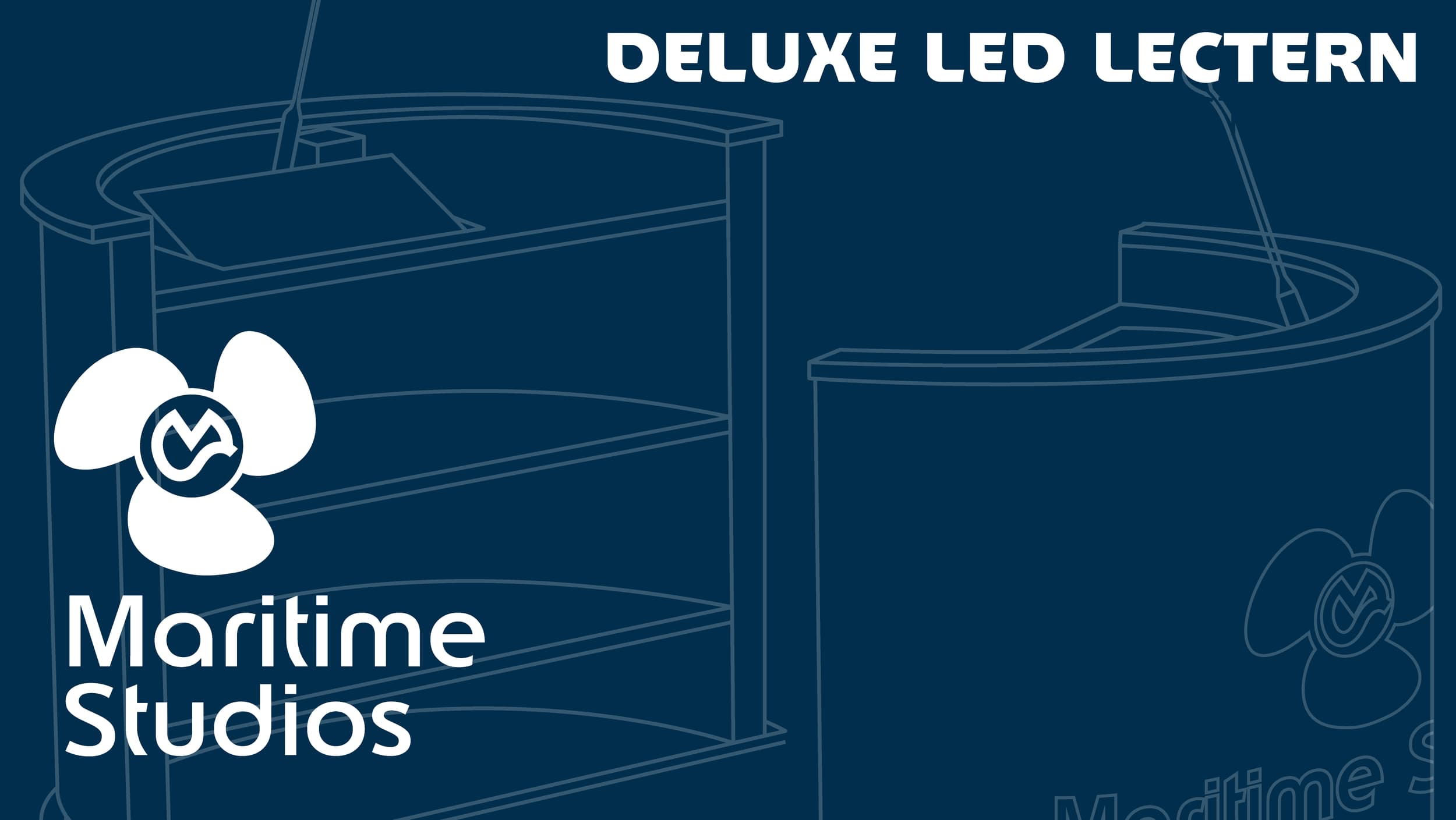 Blueprint-style illustration of a maritime studio with a banner that reads 'Deluxe LED Lectern' and a logo of a propeller with a check mark, along with the text 'Maritime Studios'.