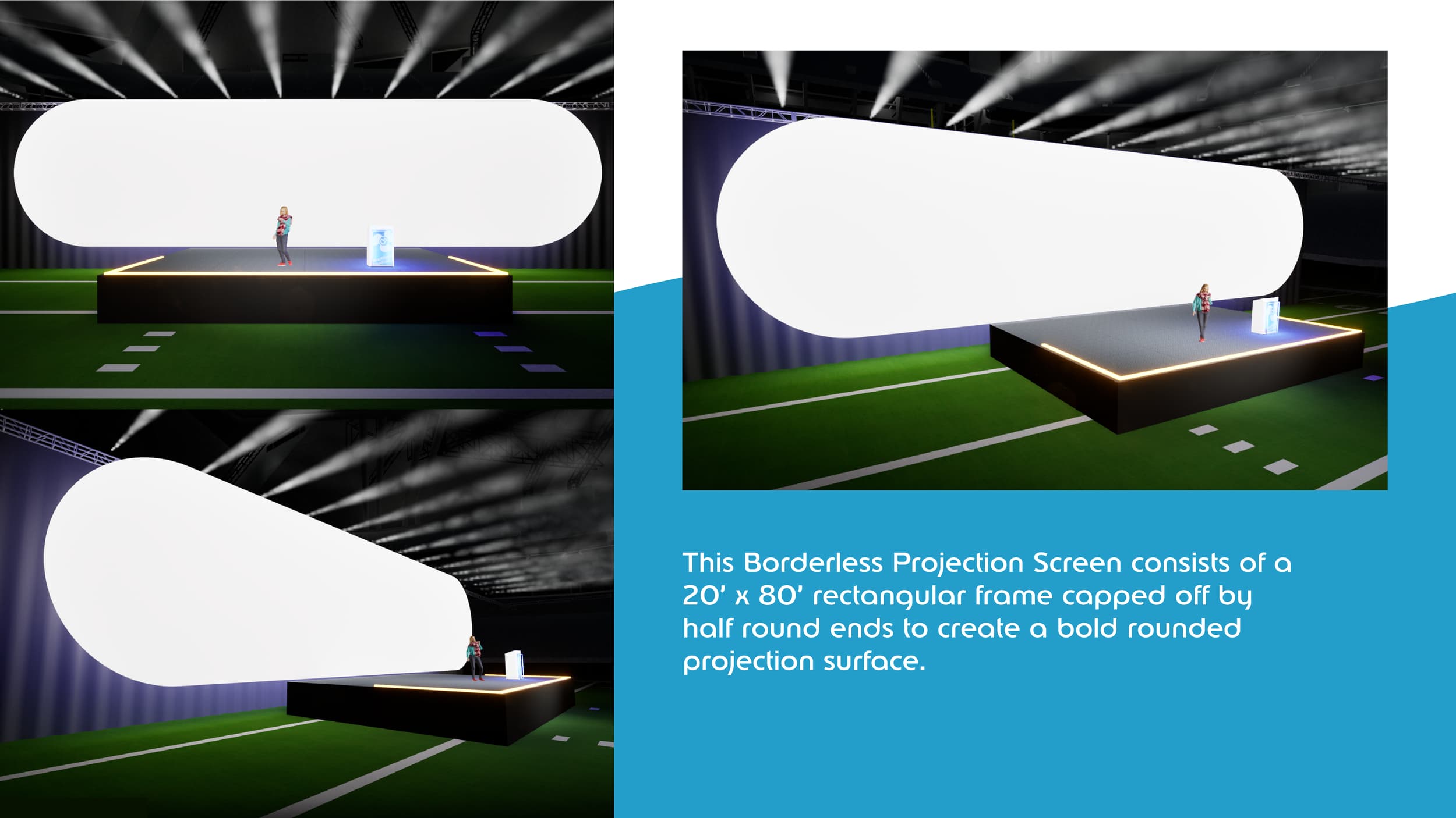 A large, white, borderless projection screen on a stage with a person speaking at a podium. The stage is set in a conference or event space with a green floor resembling a sports field, featuring lane markings and small square blocks. The projection