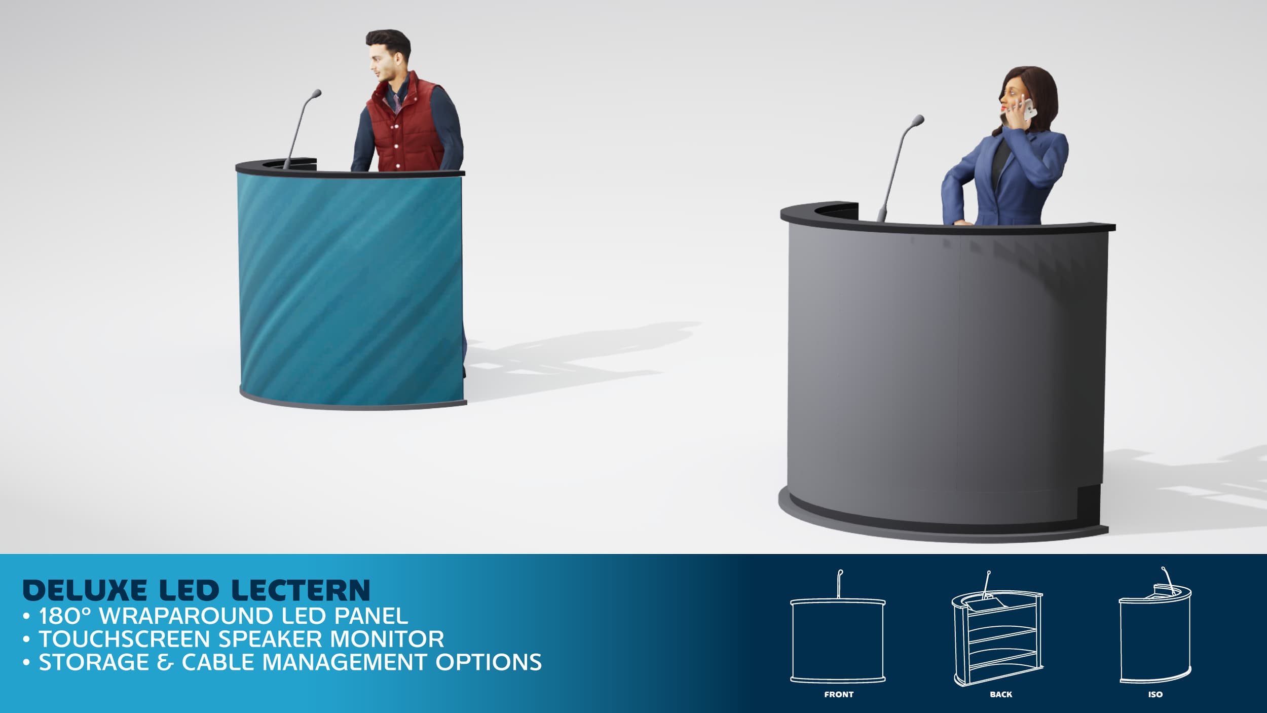 Two people standing behind curved presentation desks, one man on the left and a woman on the right, with a display banner at the bottom advertising luxury LED lecterns.