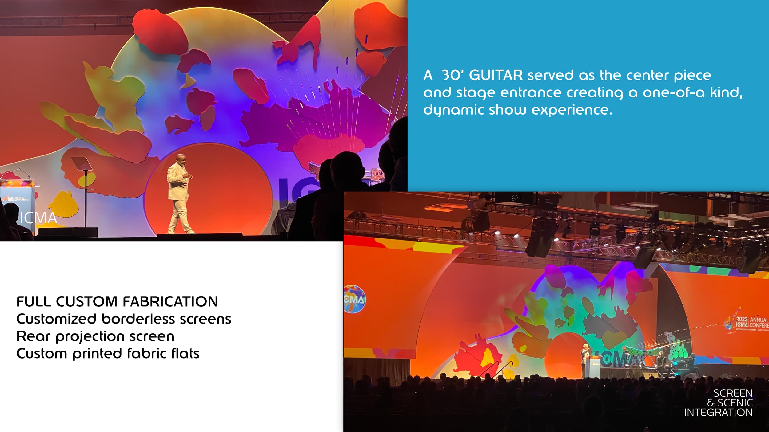 A conference stage features a large colorful backdrop with abstract shapes and the ICMA logo. A speaker stands at a podium, with an audience watching. The stage has customized borderless screens, rear projection, and fabric flats, creating a dynamic