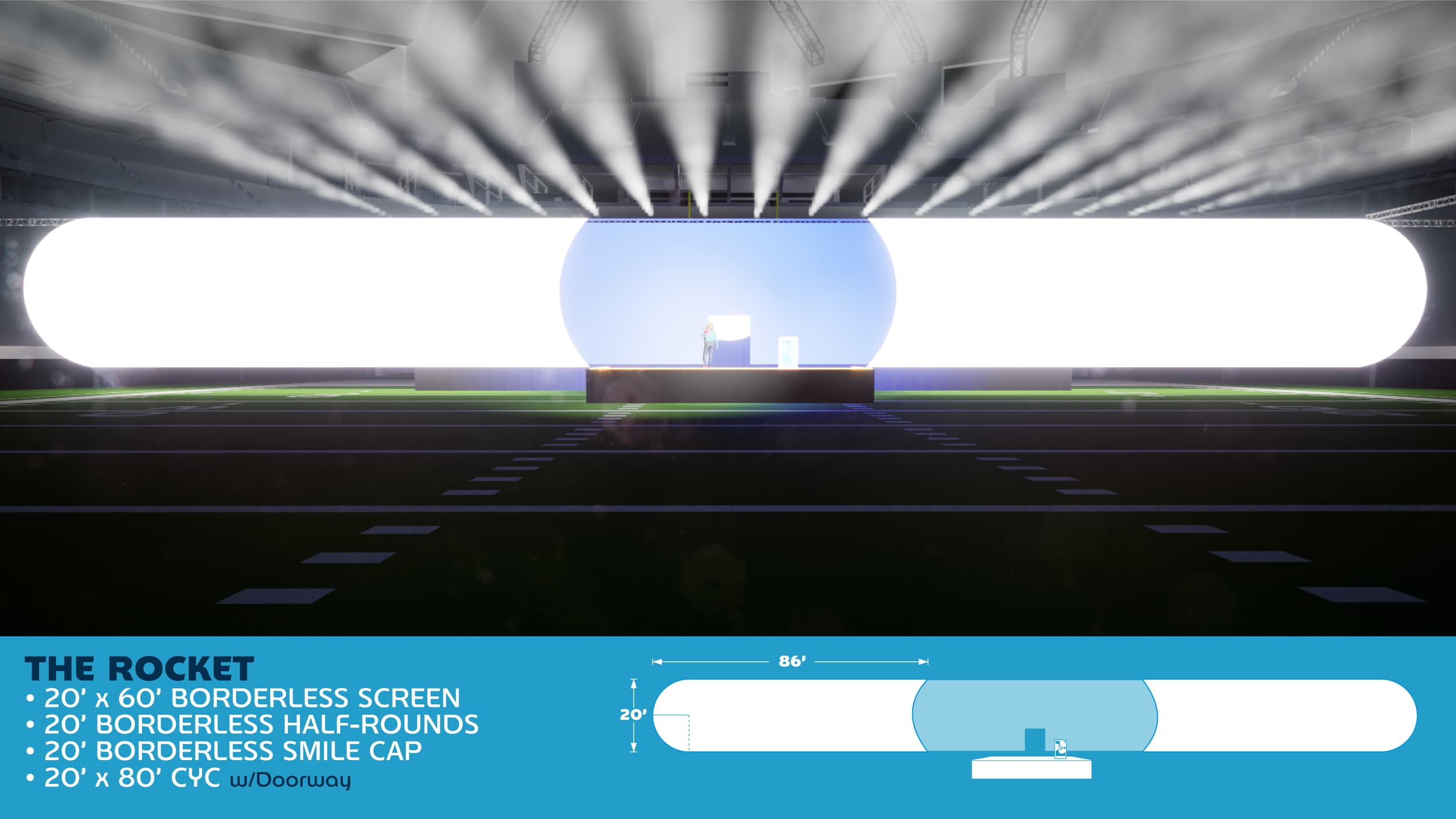 Rendering of 20 by 60 foot custom borderless screens with custom shape ends.