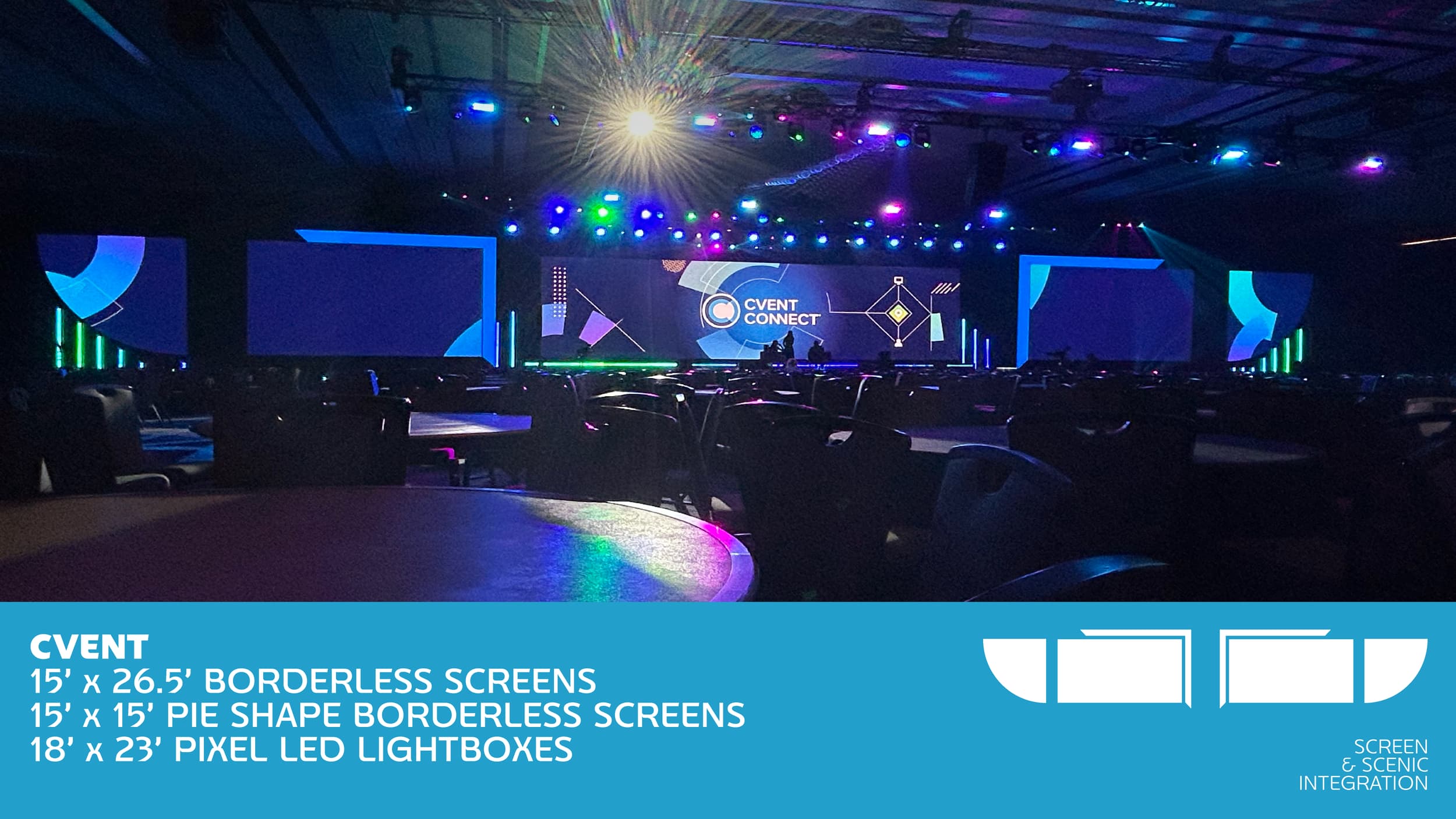 Empty conference hall with large LED screens displaying 'CVENT Connect' and stage lighting, designed for screen and scenic integration.