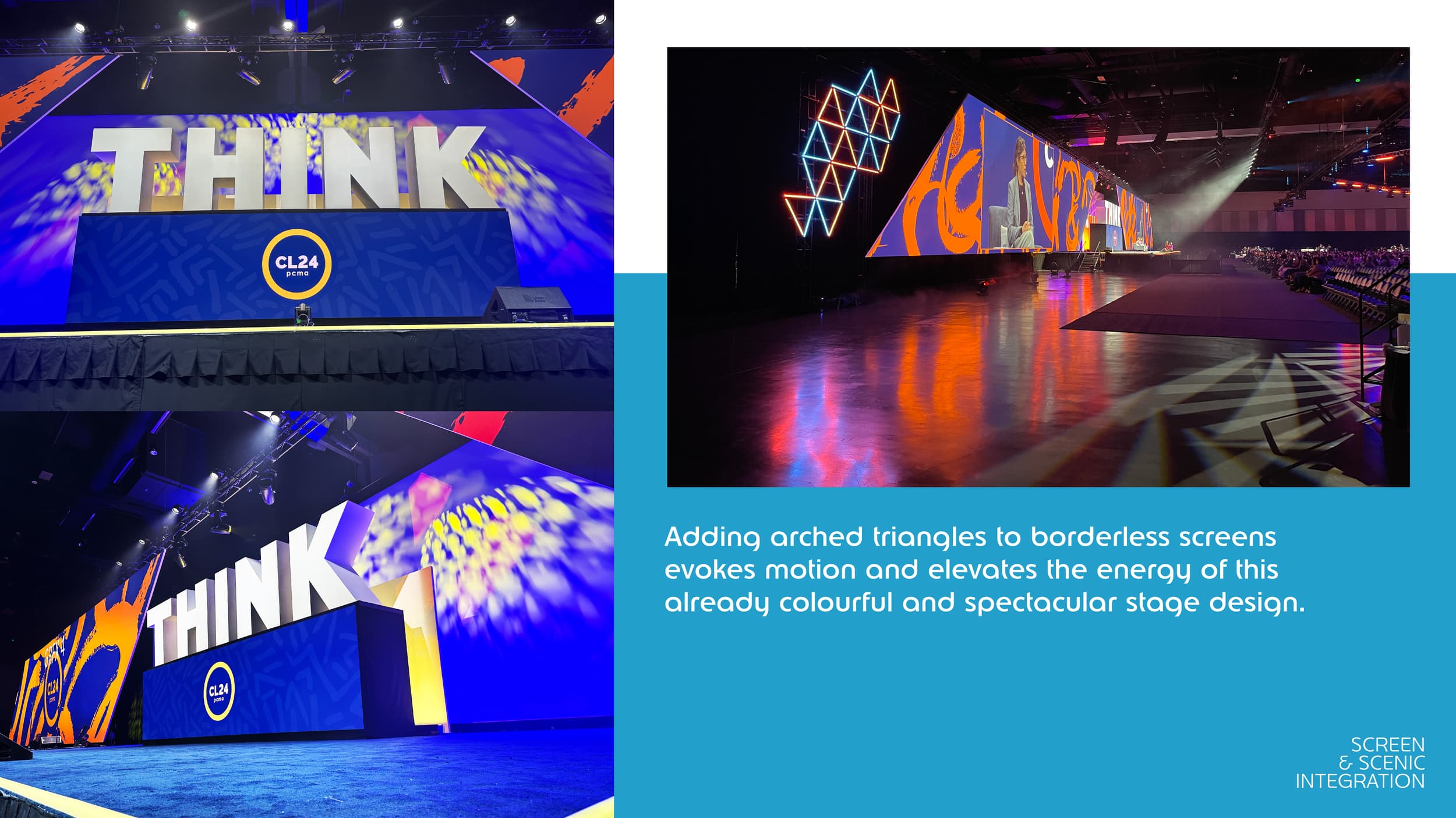 Photos of a stage with large digital screens displaying the word "THINK" and colorful arched triangle designs, with lighting and reflections creating a vibrant atmosphere.