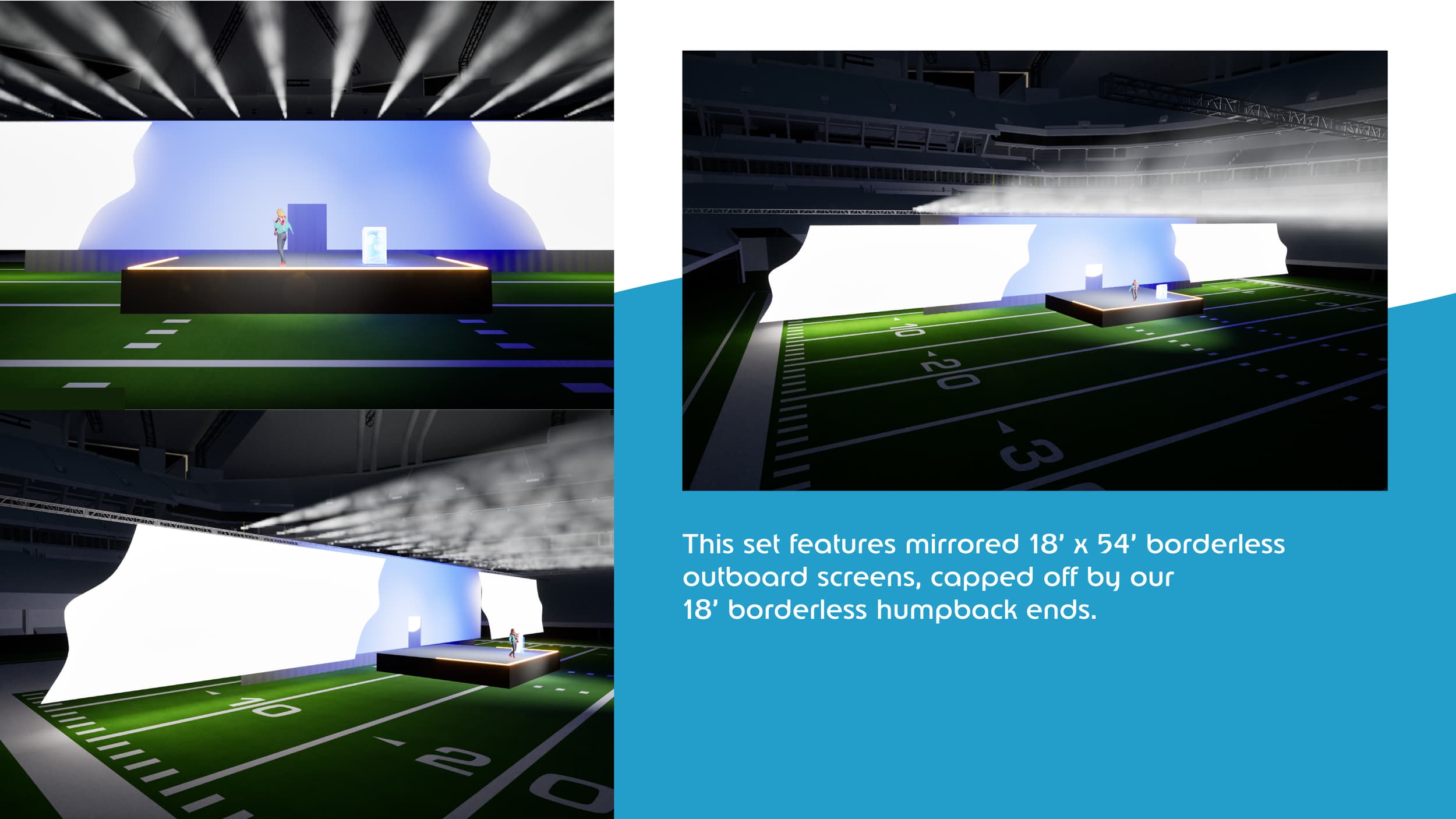 Images of a stadium with mirrored 18 by 54 foot borderless outboard screens, capped by 18 foot borderless humpback ends. Custom borderless projection screen render.