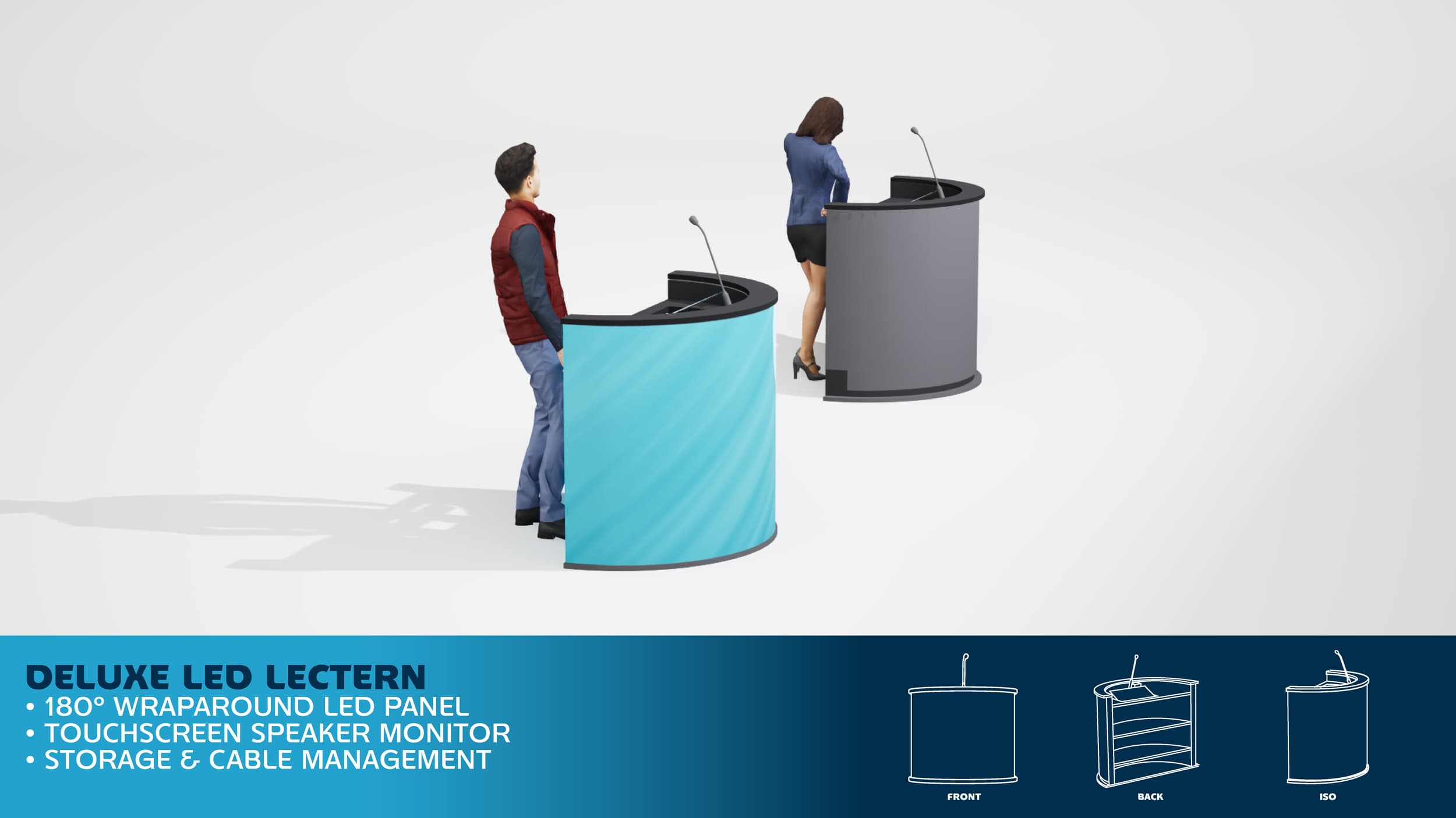 Two people standing behind curved conference desk panels, one with a blue panel and the other with a gray panel, in a presentation setting.