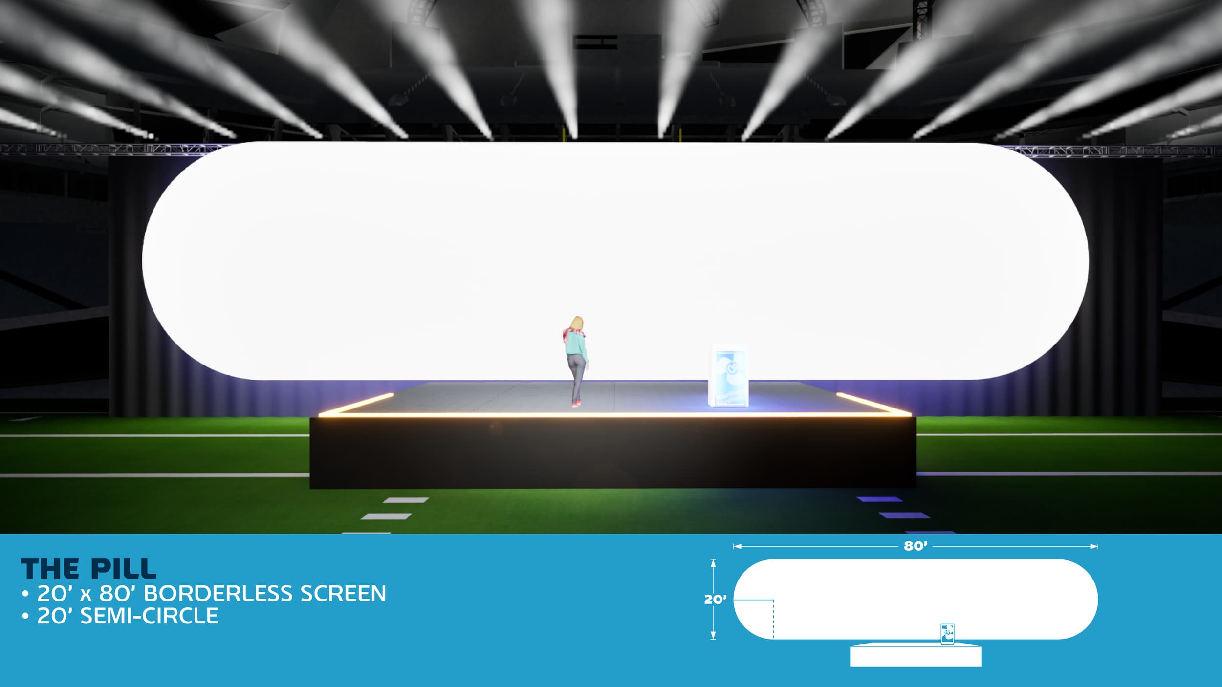 A person standing on a 20-foot semi-circle stage in front of a large 20-foot by 80-foot borderless white screen in an indoor stadium or arena with stage lighting overhead.