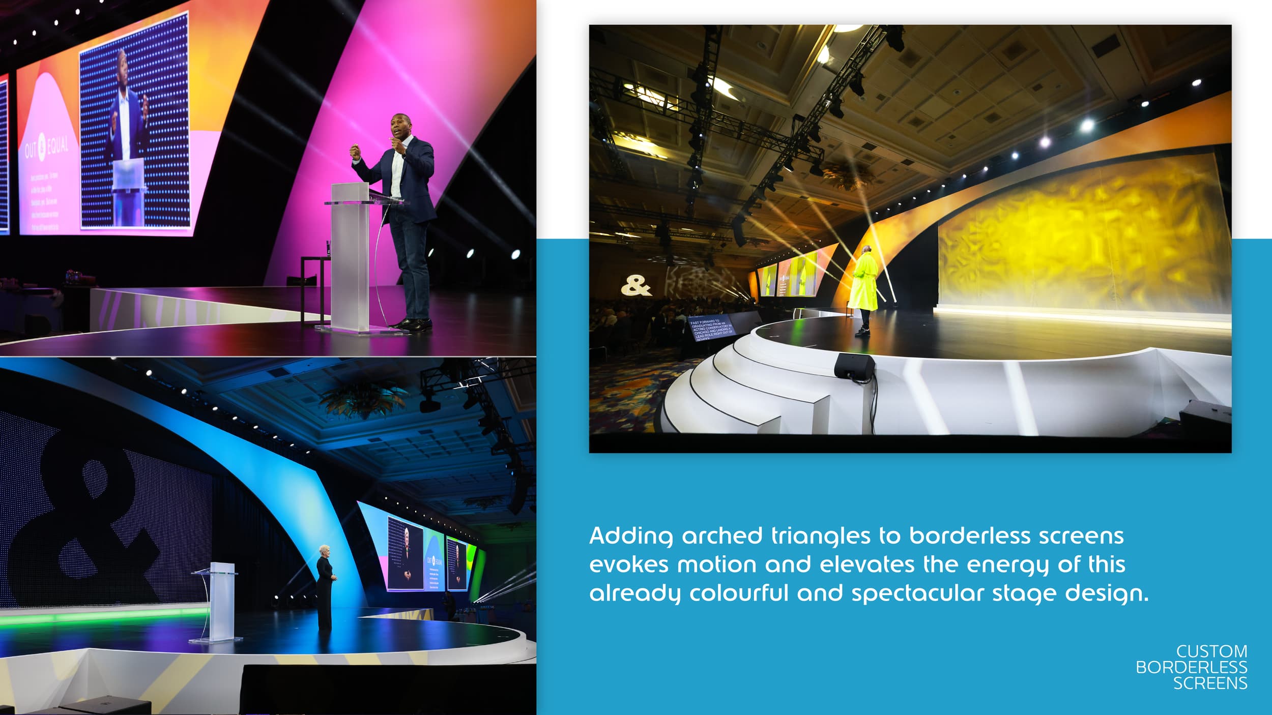 Collage of three images showcasing colorful stage designs with borderless screens and arched triangles. The top left shows a speaker at a podium with a large screen displaying text and a color gradient background. The top right features a performer i