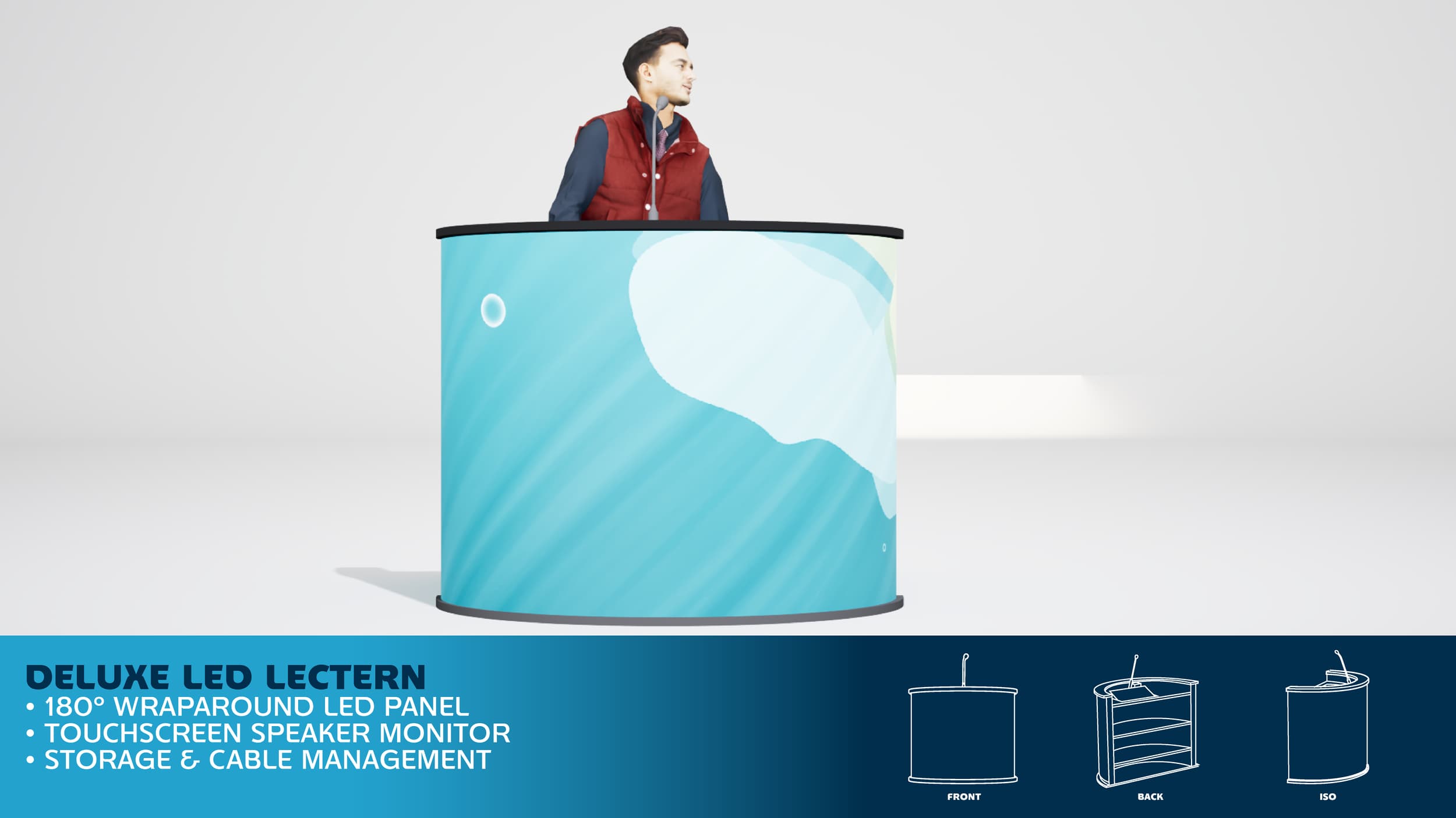 A man standing behind a curved, blue LED display kiosk with a graphic of water and ice on it, and a white background.