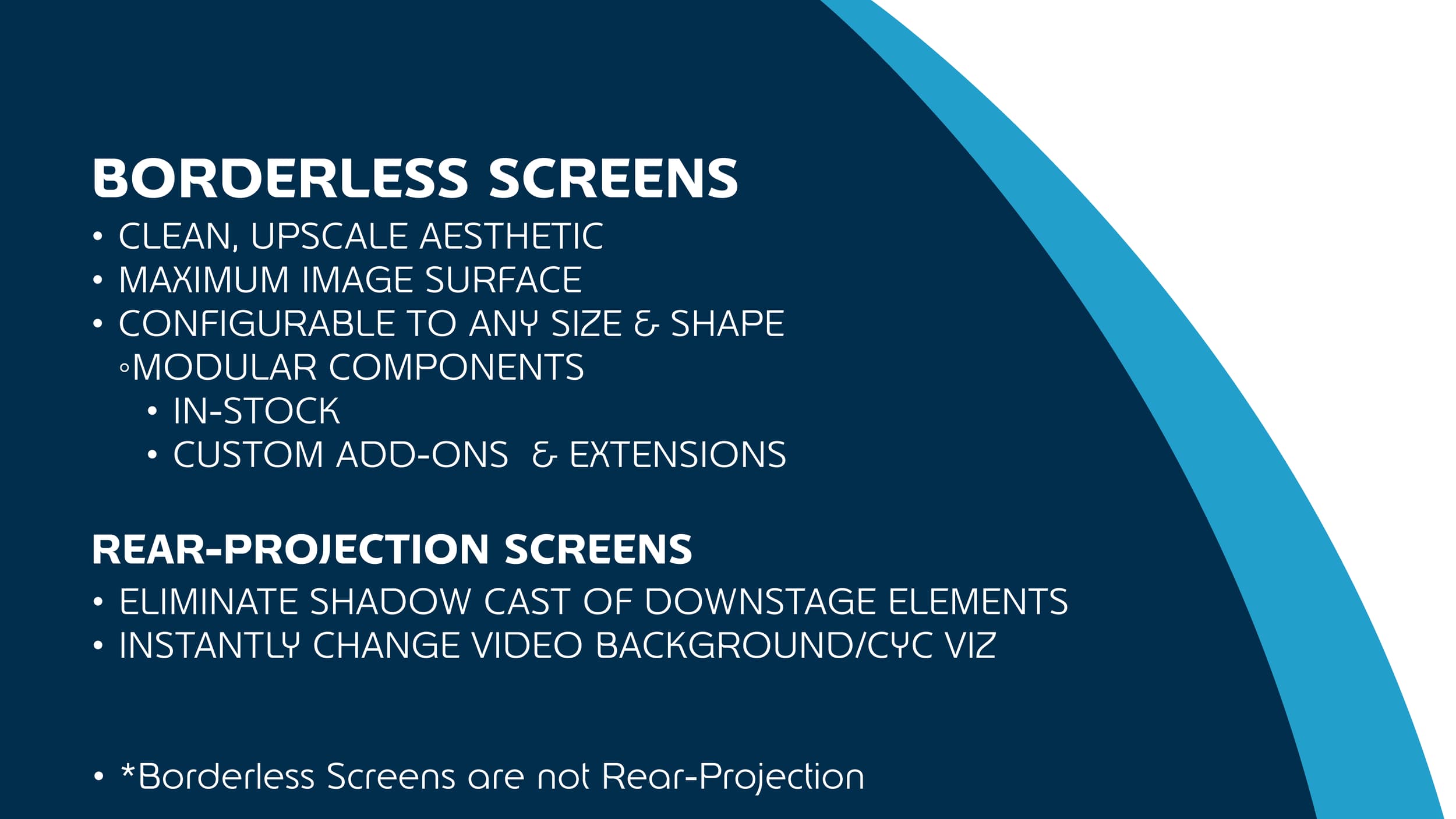 A blue presentation slide describing borderless screens and rear-projection screens, highlighting their features, configurations, and differences.