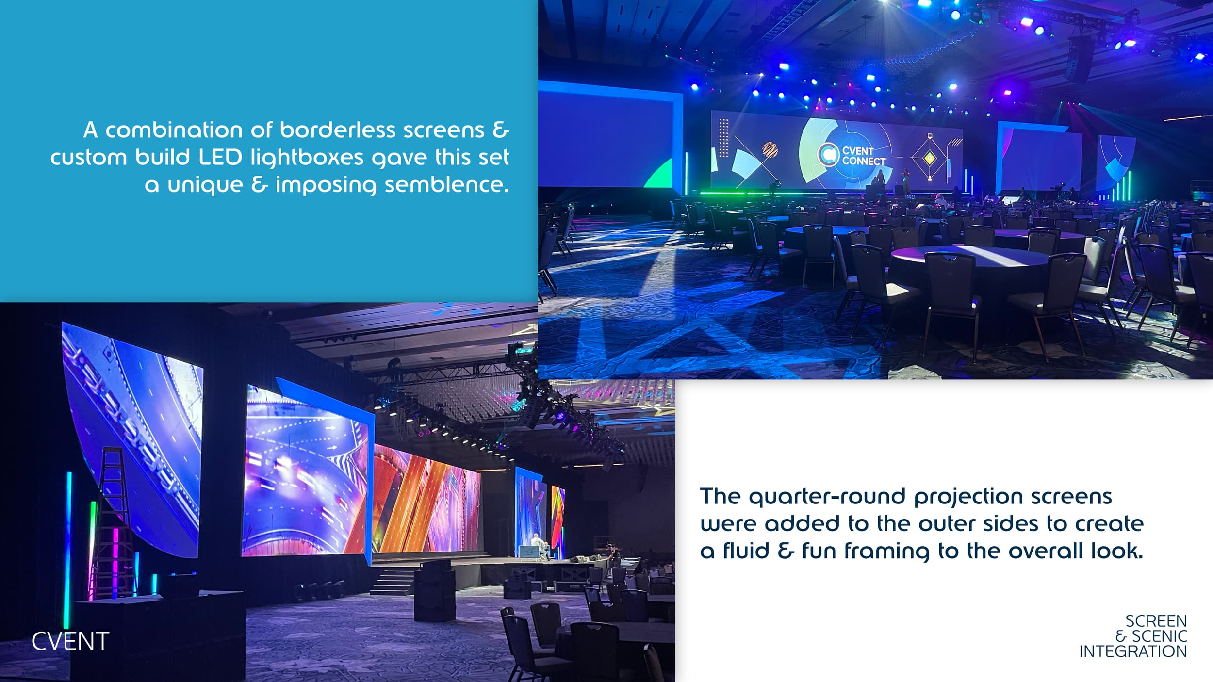 A presentation slide showing a conference setup with large LED screens, projection screens, and seating arrangements. The slide includes text describing the use of borderless screens, custom LED lightboxes, and quarter-round projection screens to cre